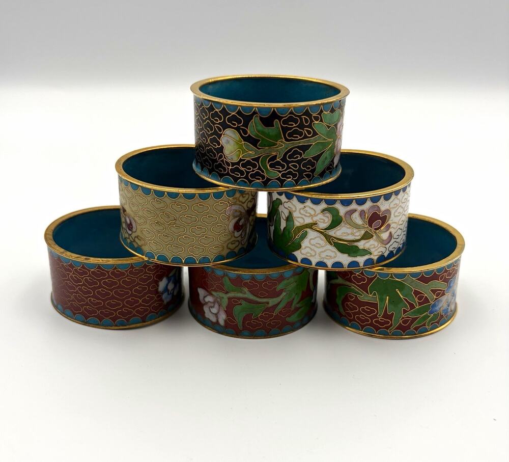 Asian Floral Metal Napkin Rings Multicolor Gold Tone Trim Blue Inside Set Of 6